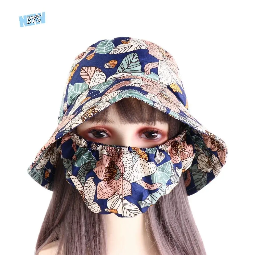 Casual Sun Protection Women Sun Hat Face Mask Wide Brim Sunscreen Mask Tea Picking Hat Fishing Cap Bucket Hat Climbing