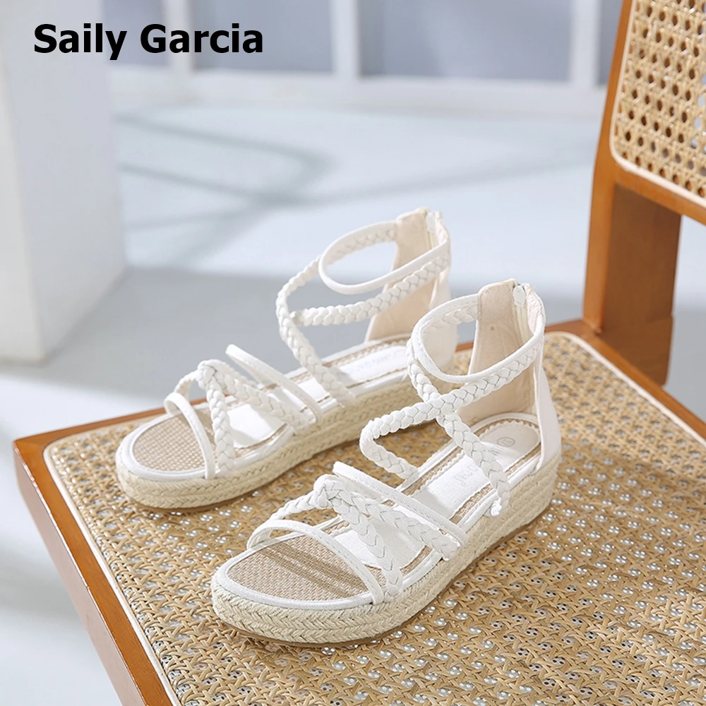 

Round Toe Twist Cross Belt Back Zip Flat Espadrilles 2023 Summer New Style Solid Simple Casual Shoes White Open Toe Straw Sandal