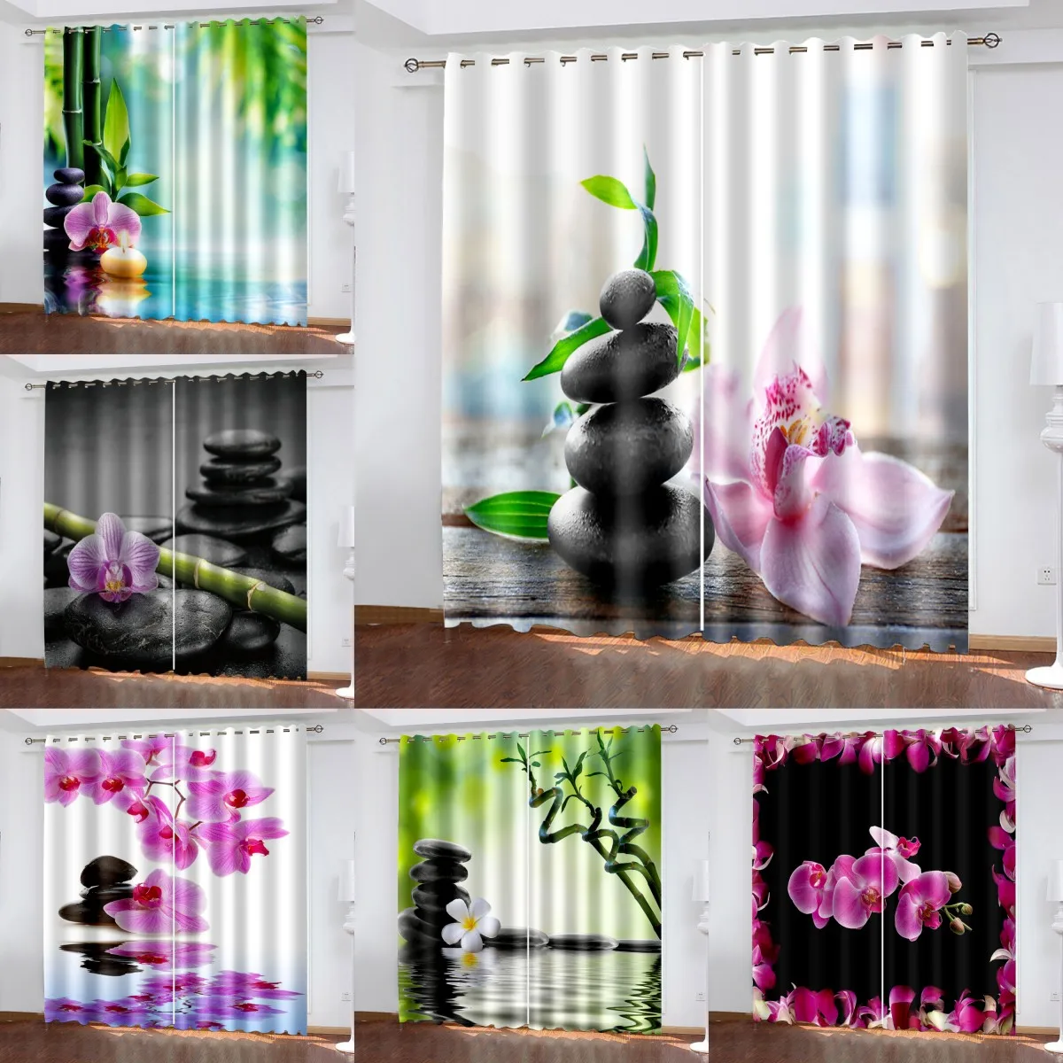 

Zen Butterfly Orchid Print Curtain Lake Stone Bamboo Curtain for Bedroom Living Room Kitchen Floor-to-ceiling Window cortinas