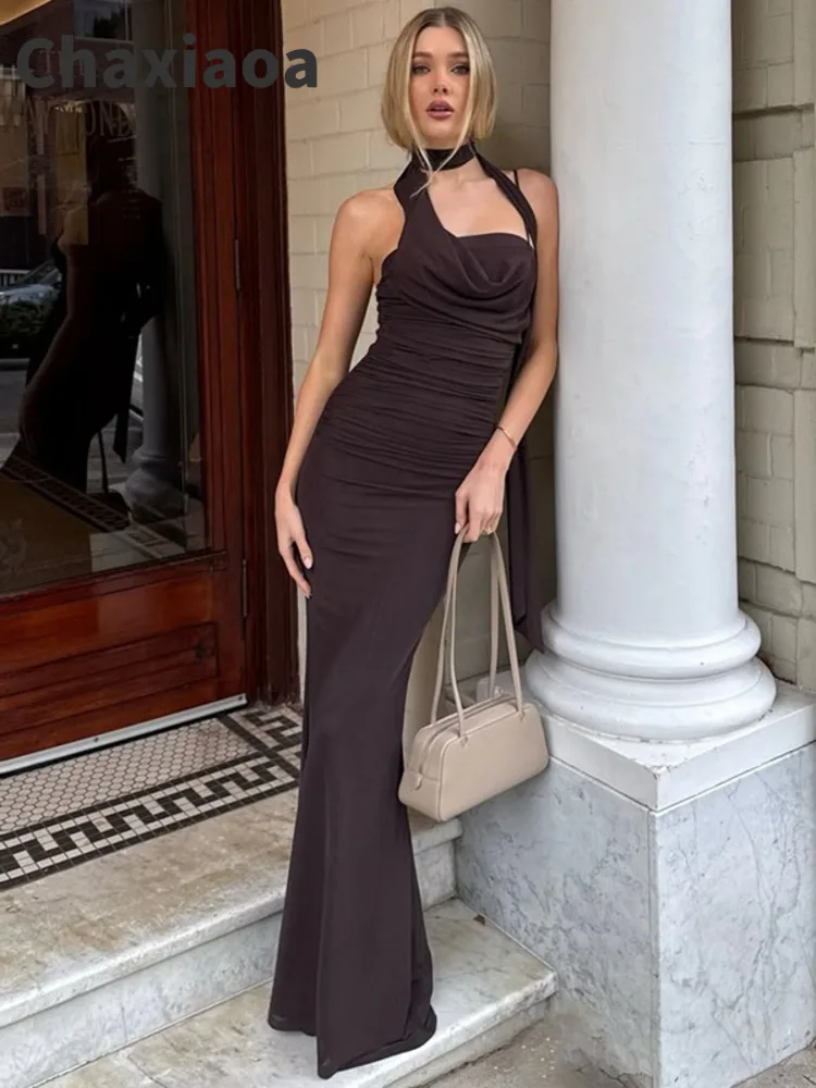 Chaxiaoa Halter Off-shoulder Sexy Maxi Dress for Women Coffee Strapless Sleeveless Backless Bodycon Club Party Long Dresses