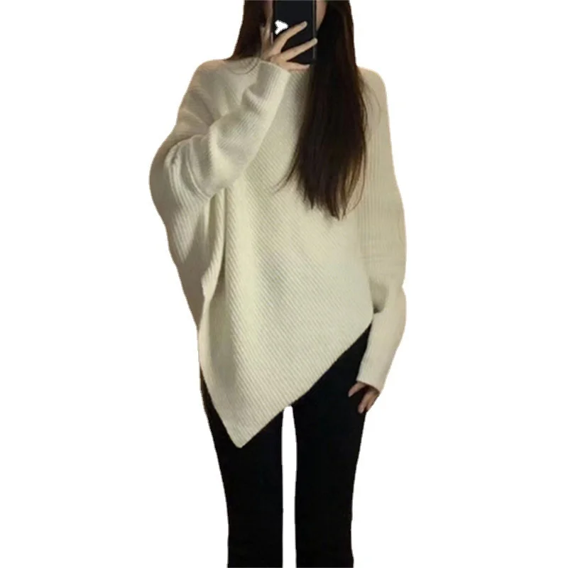 Women Pullover Fashion Sweater Long Sleeve Irregular High Collar Casual Basic Soft Simple Knitted Basic Chic Solid Tops New