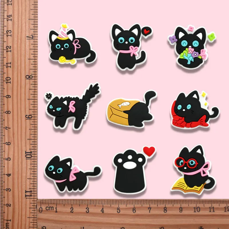 9/20pcs Cute Black Cat PVC Shoe Charms For Clogs Bubble Slides Sandals, Shoe Decorations Accessories For Birthday Gift Party image 4