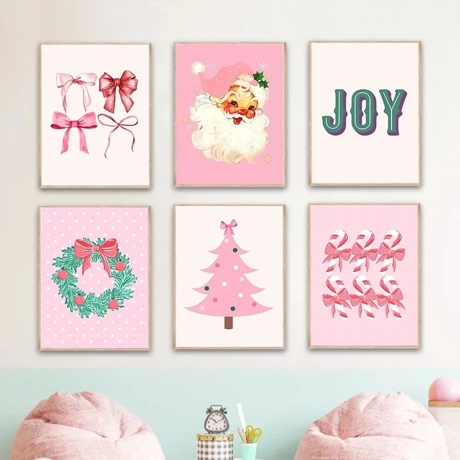 Pink Christmas Tree Santa Claus Merry Bright Joy Quotes Minimalist Wall  Print Canvas Painting Posters for Home Decor