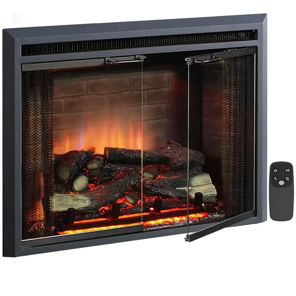 Klaus Electric Fireplace Insert with Fire Crackling Sound, Glass Door and Mesh Screen, 750/1500W, Black, size:30