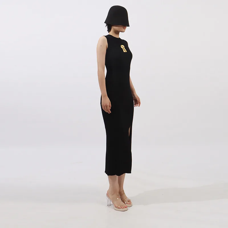 Francês elegante temperamento vestido de verão em torno do pescoço sem mangas metal oco cintura alta hip-envolto split bodycon vestido longo feminino