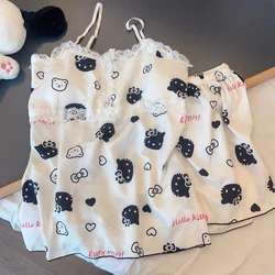 Anime Hello Kitty Crayon Shin-Chan Summer Sling Pajamas with Chest Pads Cartoon Girl's Heart Casual Comfort Home Pajama Set