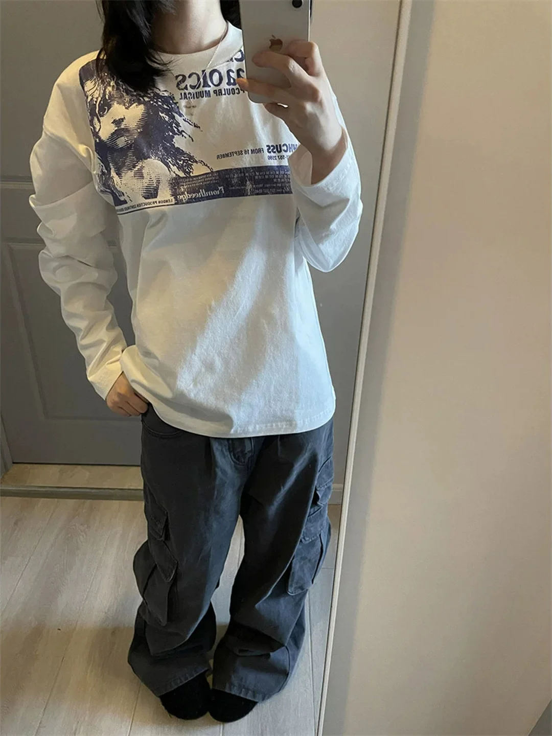 Retro American Long Sleeve T-Shirt Women Loose Casual Base Layer Top Printed Portrait Sweat Absorbent Breathable round Neck