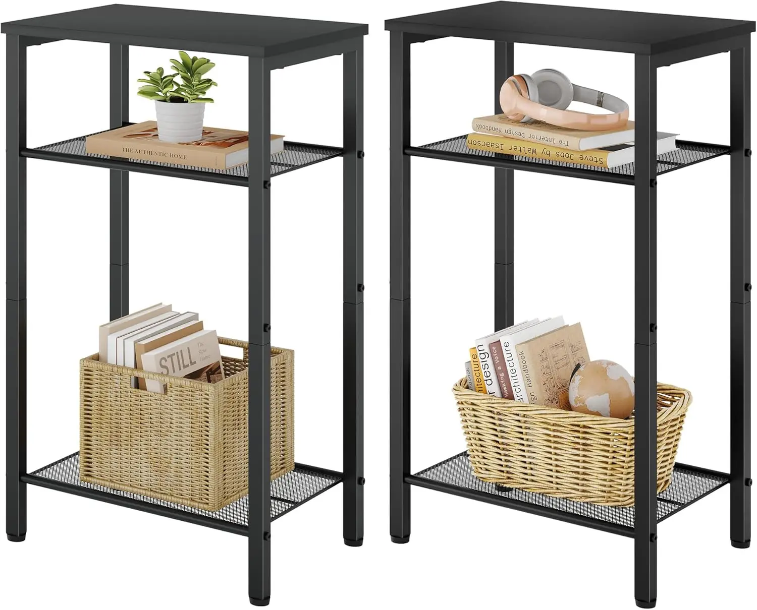 

Комплект из 2-х 3-ярусных металлических приставных столиков с местом для хранения, черные приставные столики для гостиной и спальни