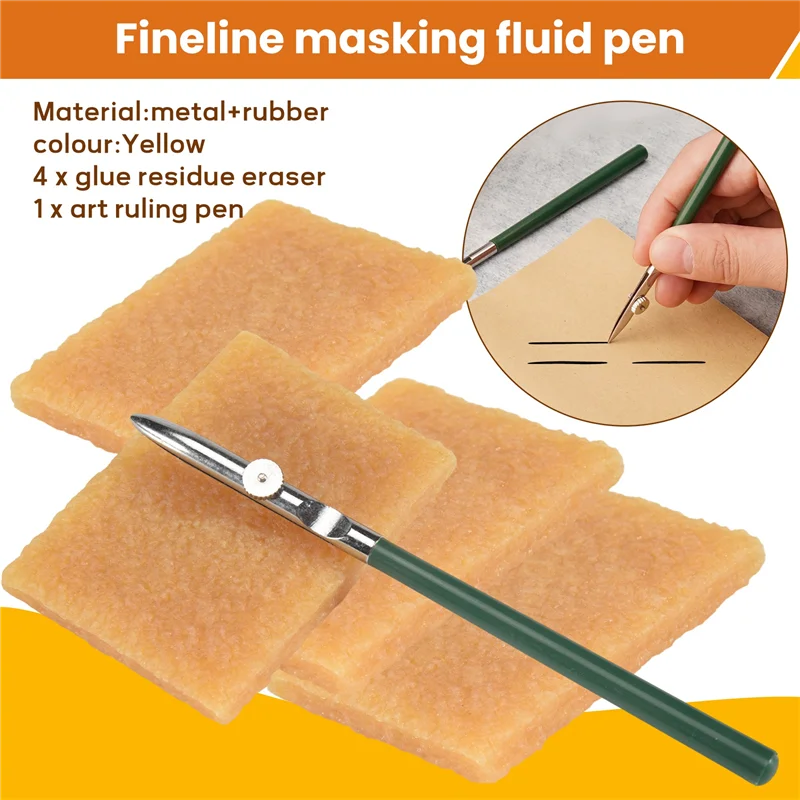 Art Ruling Pen Set, Masking Fluid Pen With 4 Pieces Glue Residue Eraser For Applying Masking Fluid Line Work