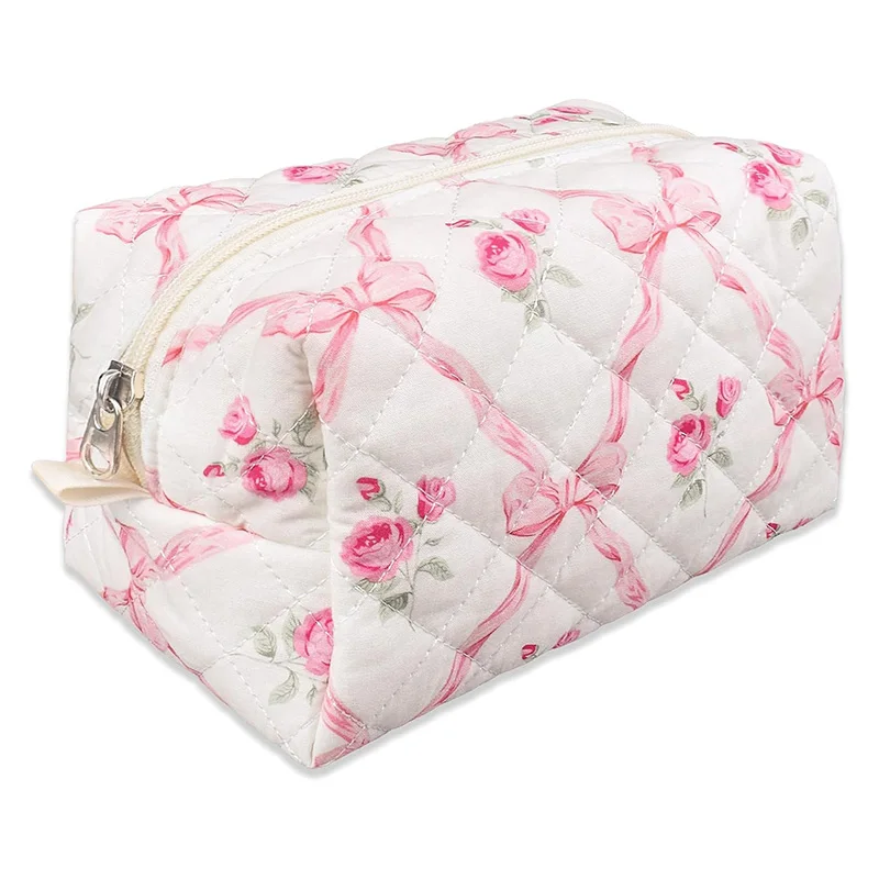 RLW3 Floral Makeup Bag Quilted Cosmetic Bag Puffy Coquette Makeup pouch Aesthetic Cute Travel Toiletry