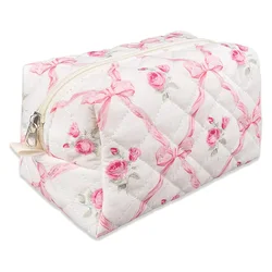 RLW3 Floral Makeup Bag Quilted Cosmetic Bag Puffy Coquette Makeup pouch Aesthetic Cute Travel Toiletry