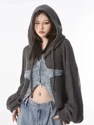 Zoki Gothic Y2K Star Cardigan Sweaters Women Vintage Streetwear Cropped Knitted Coat Oversize Long Sleeve Harajuku Hoodies Tops