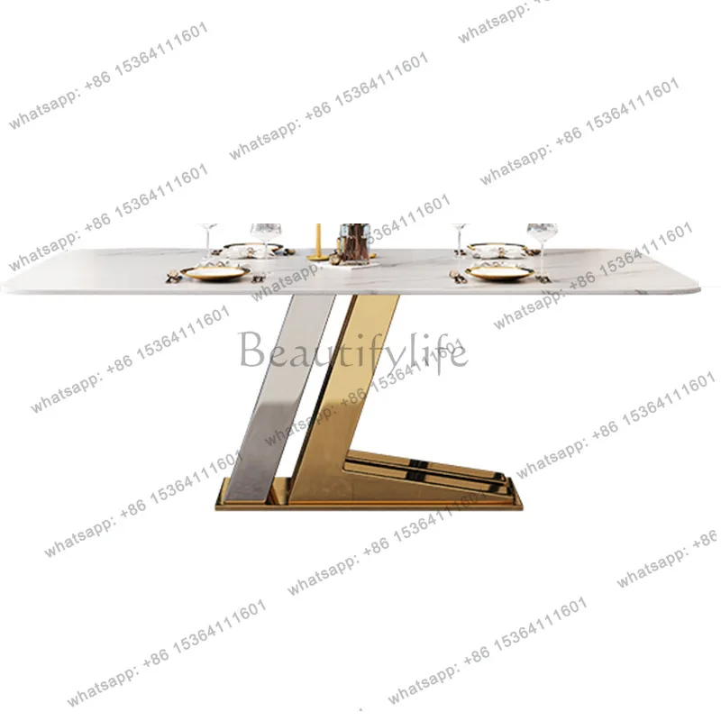 Light luxury stainless steel gold-plated modern rock slab dining table Villa duplex floor dining table