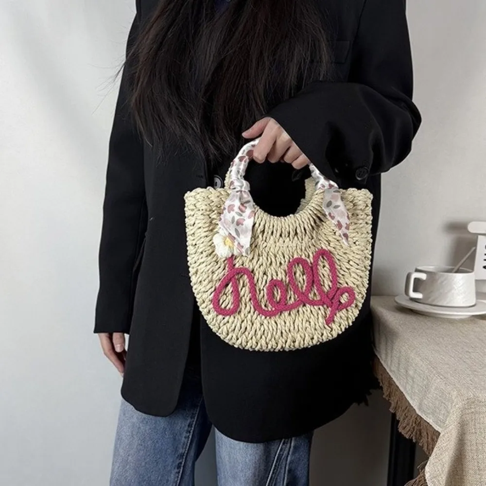 

Casual Moon Shaped Beach Straw Bag Ribbon Hollow Woven Underarm Bag Tote Bag Flower Knitted Shoulder Bag Holiday
