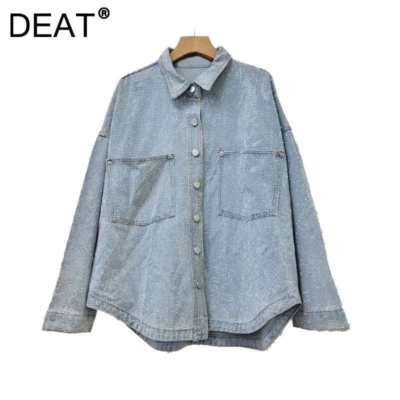 DEAT Women's Denim Shirts Full Diamonds Design Causal Washed Loose Single Breasted Blouse Spring 2025 New Fashion 29L9405