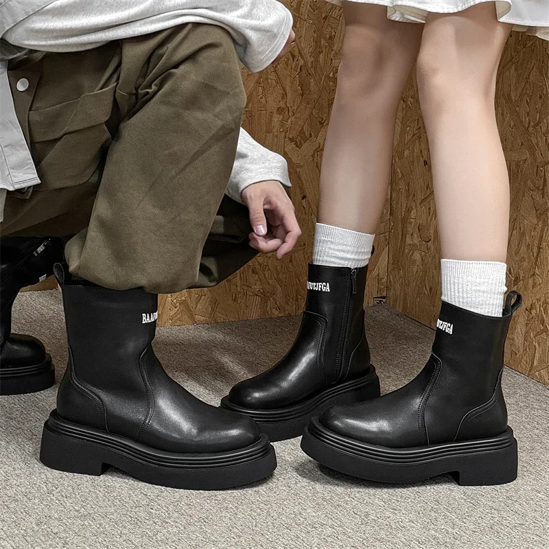 

Мужские повседневные кожаные ботинки челси, зимние ботинки на толстой подошве для пар, нескользящие модные и универсальные высокие ботинки