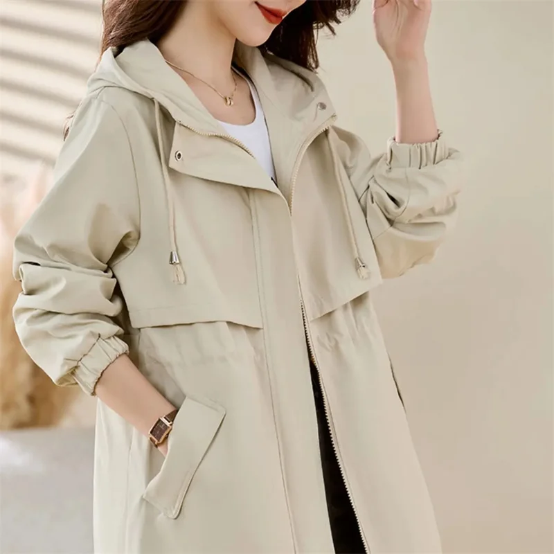 

Military Camel Color Casual Trench Coat for Women in Spring Autumn Fashion Slim fit and Slimming Simple Hooded Design JJ1057