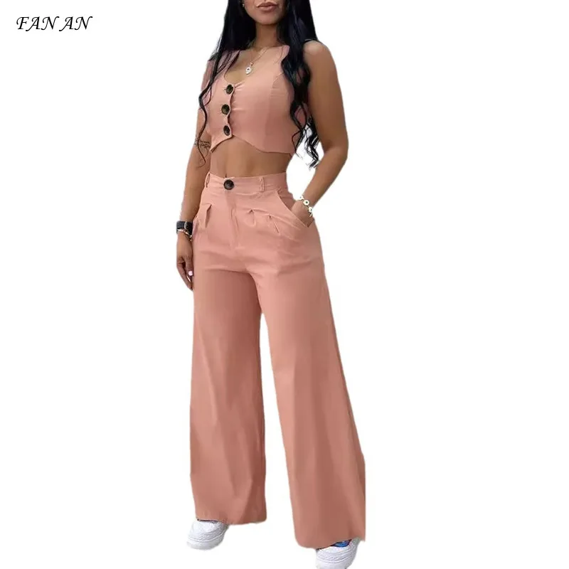 

Fashion New Women's Summer Autumn Solid Color Short Vest Top Hanging High Waist Wide Leg Trousers Casual Ladies Two-piece Suit