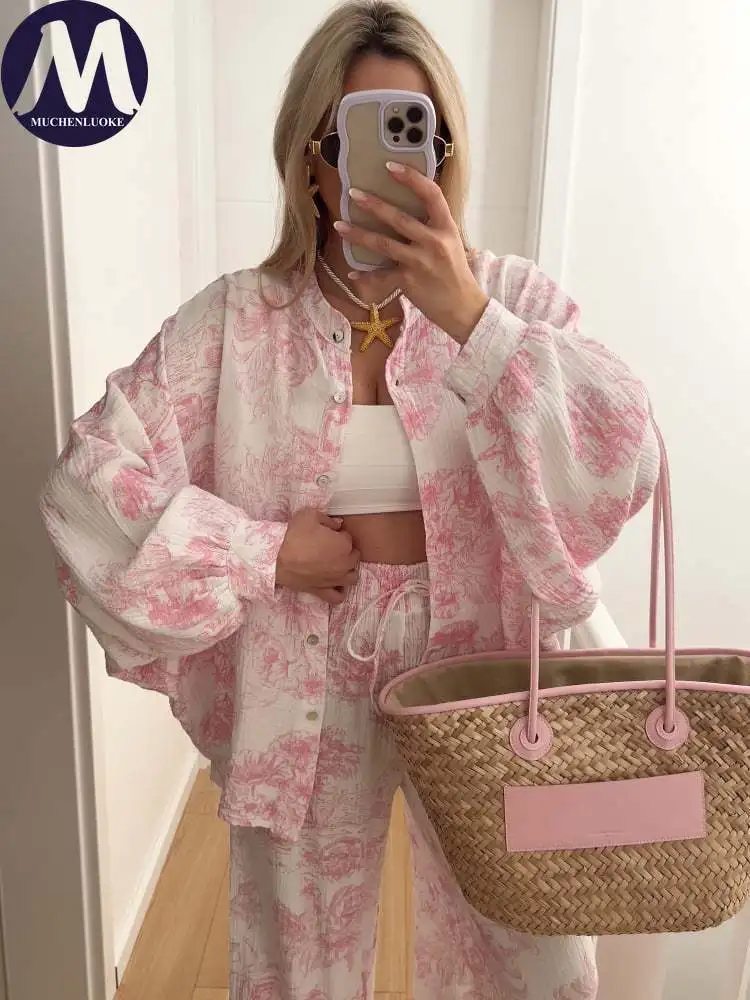 2 Pieces Set for Woman Summer Autumn New Casual Printed Long Sleeved Shirt Tops  Suits Fashionable Loose Wide Leg Pants Sets