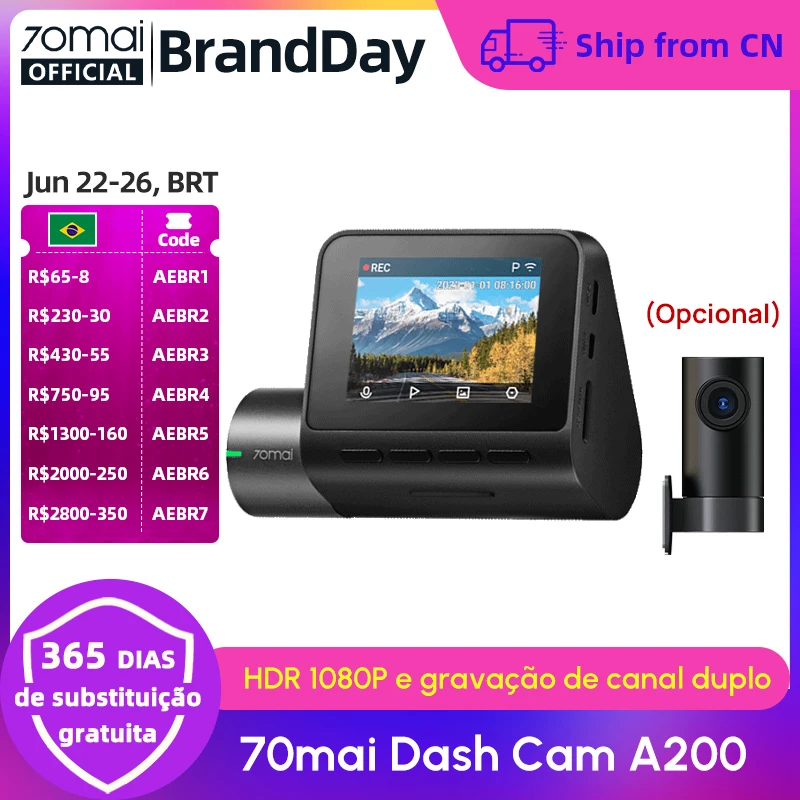 Câmera Veicular Global 70mai A200 com Gravação em Canal Duplo 1080P HDR, Tela IPS de 2'', Monitoramento de Estacionamento 24H, DVR Automotivo 70mai A200 com WIFI e APP 130 °   FOV