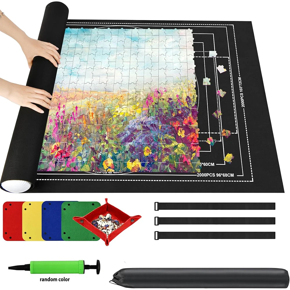 Filz-Puzzlematte, große Aufbewahrungsdecke, 116x60 cm, tragbare, aufrollbare Reisedecke, weich und rutschfest, Puzzle-Aufbewahrungsmatte, aufblasbare Kantenschutzpolsterung, 4 Aufbewahrungstaschen für