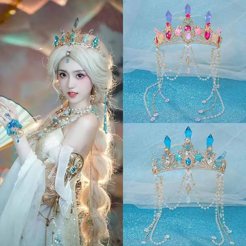 Princess Crown Crystal Headdress Women Headbands Blue Red Pink Crystal Tassel Crown Cosplay Prop For Girls