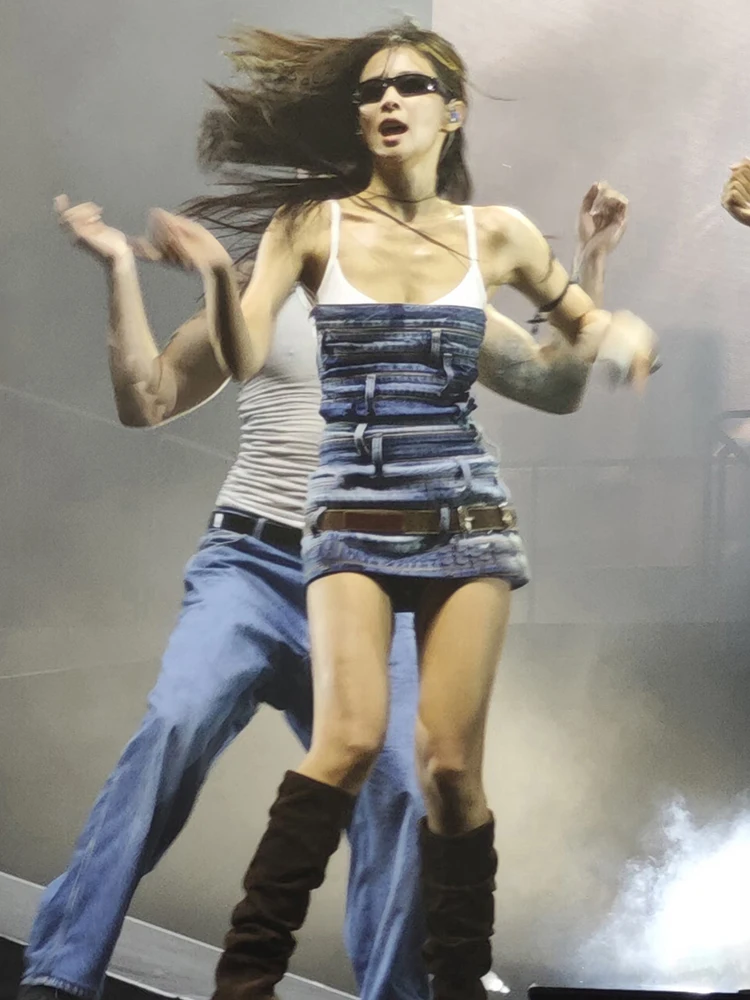 Weird Puss Music Festival 2-teiliges Set, schlichtes, klassisches Camisole mit tiefem Ausschnitt + Cowboy-Kleid mit offenem Rücken, figurbetont, heiß, sexy, modische Anzüge – Detail 19