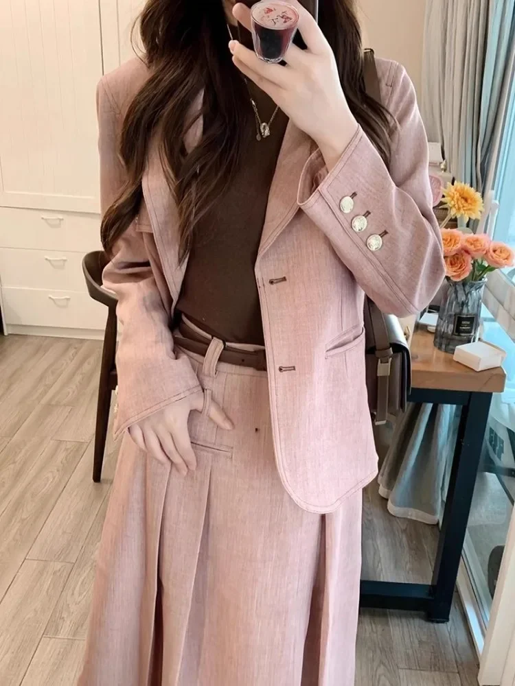 

UNXX Autumn Winter Two Piece Set Women Long Sleeve V-neck Lace-up Jackets Loose Blazer + High Waist Split Skirt 2 Piece Outfits