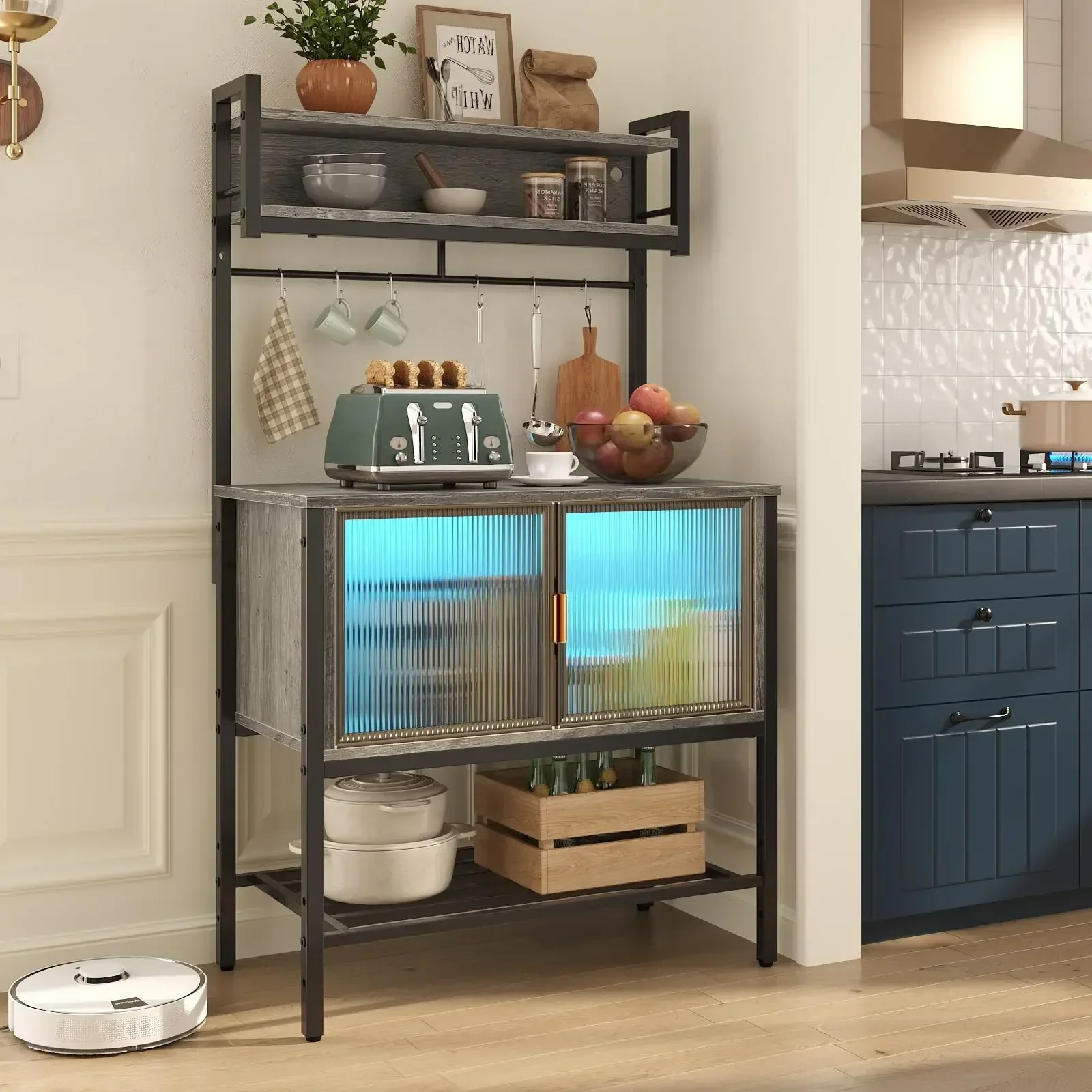 6 Hooks Cabinet Storage Cabinet 5 Tier Microwave Stand Kitchen Coffee Bar Table Bakers Rack with LED Lights