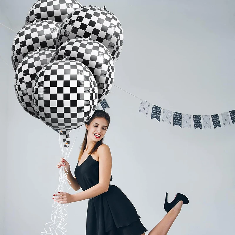 6 Pcs Black White Checkered Foil Balloons 22 Inch 4D Sphere Race Car Checker Helium Balloons Racing Themed Birthday Party Decor