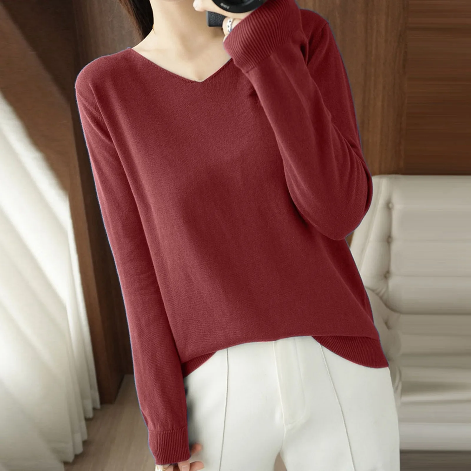 2024 Autumn Winter Women's Warm Cashmere Sweater Solid Color Long Sleeve V Collar Pullover Casual Soft Comfortable Tops