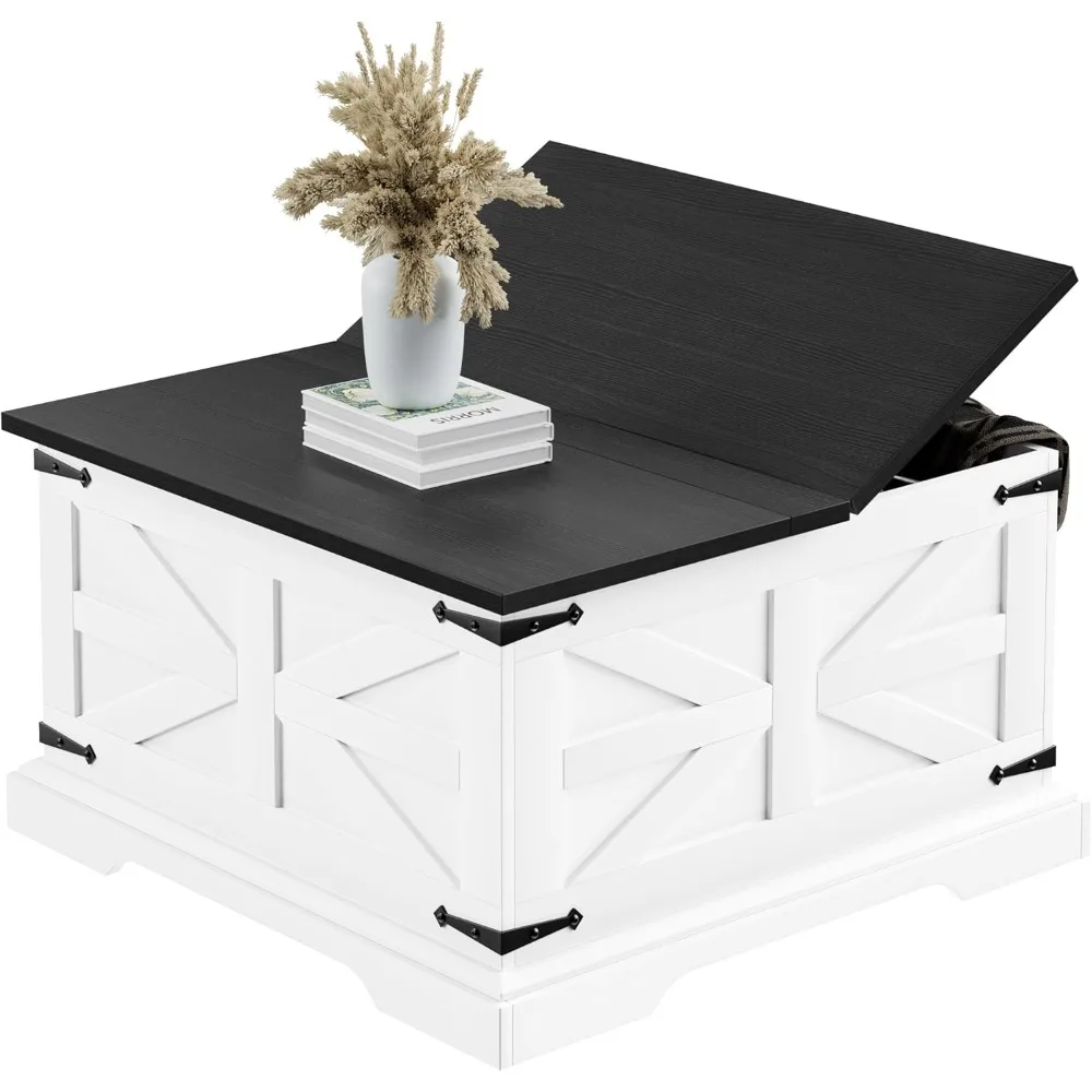 

Farmhouse Coffee Table with Storage, Square Center Table for Living Room, Rustic, Hinged Lift Top Soft Close, Wood, Large Hidden