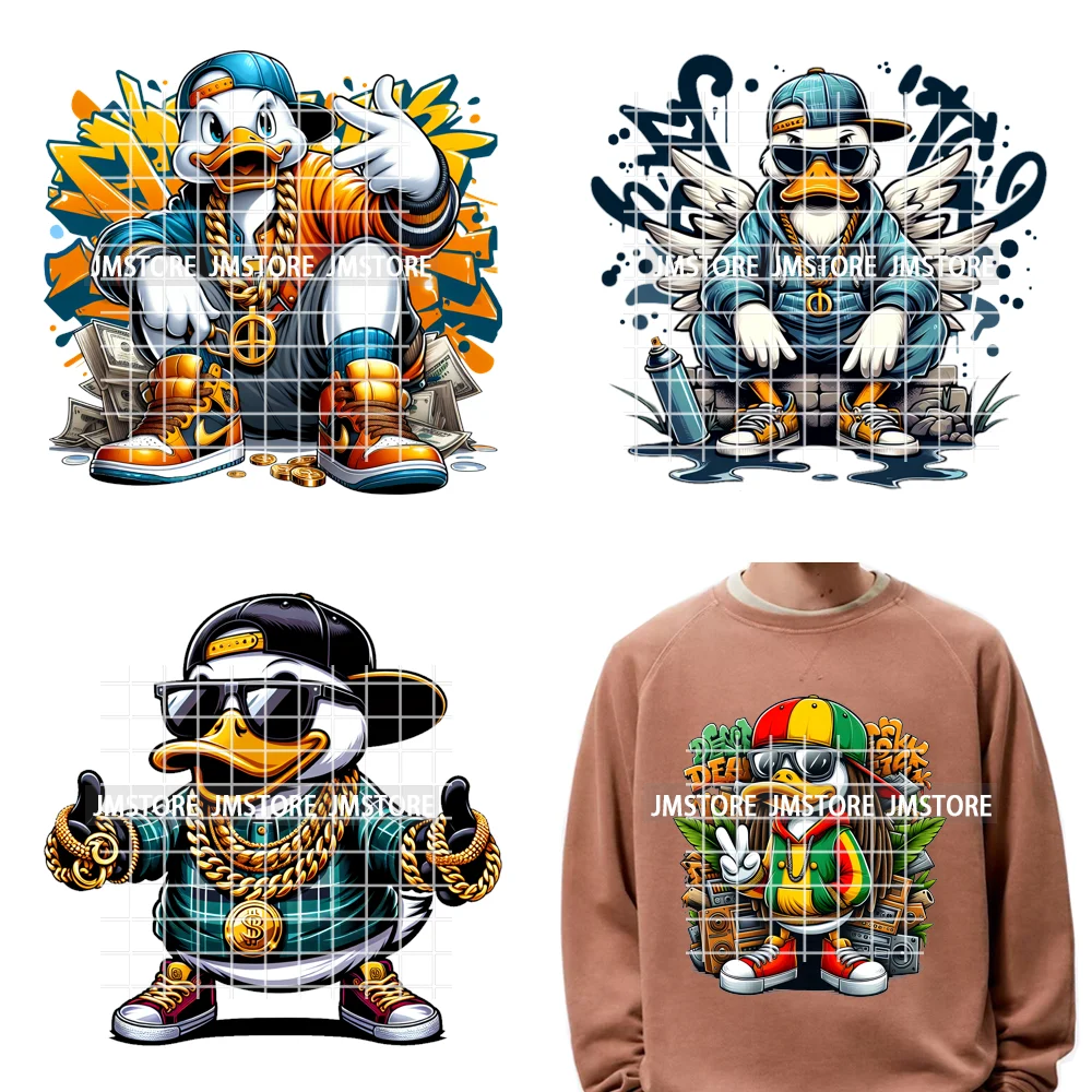 12In Cool Urban Trap Style King Animal Rich Ducks With Gold Chain Iron On Dtf Heat Transfer Sticker Ready To Press For Clothing-image