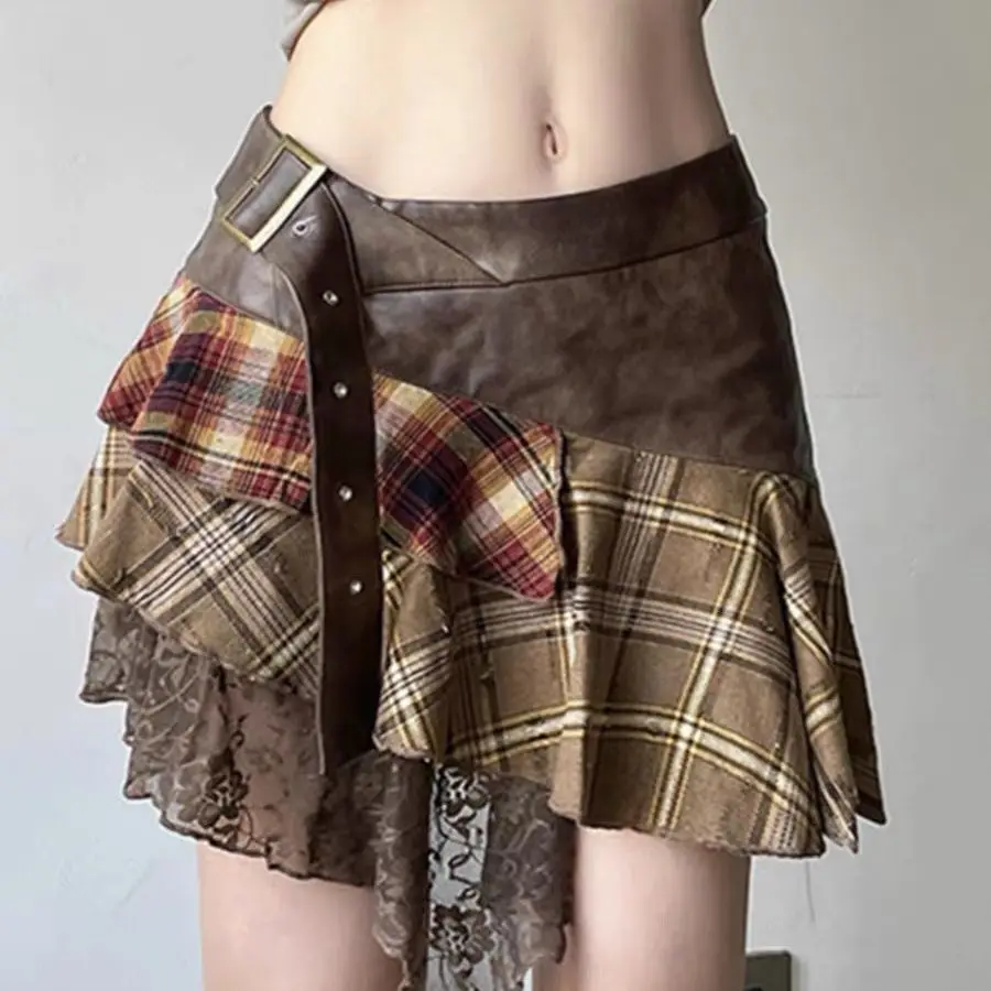 Vintage American Retro Plaid Mini Skirt Women Faux Leather Patchwork Lace Trim Harajuku Subculture Asymmetrical Skirt Summer