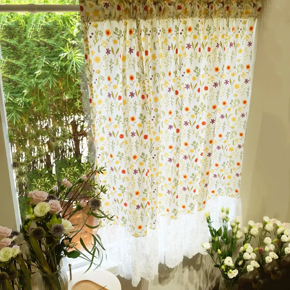 French Romantic Flower Printed Curtains with Delicate Lace for Bedroom, Cottage, Cafe, Small Window