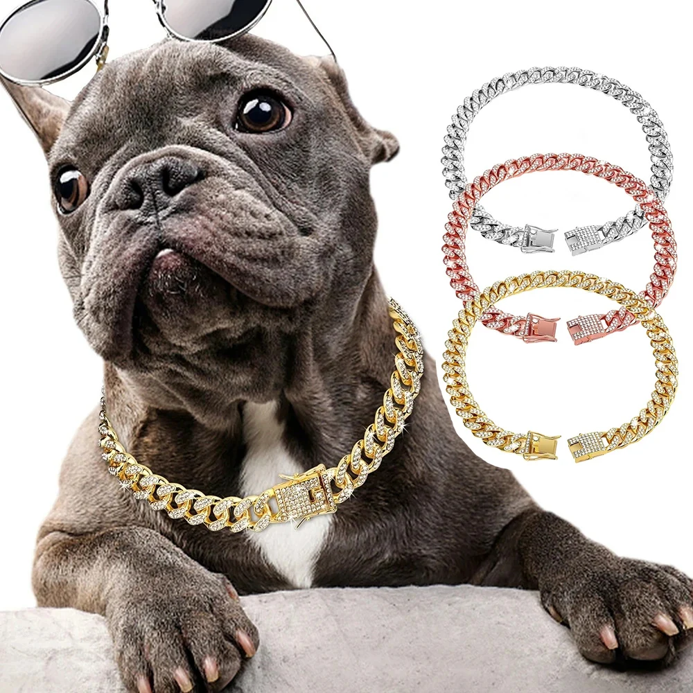 Dog Chain Diamond Cuban Collar Walking Metal Chain Collar with Design Secure Buckle, Pet Cat Cuban Collar Jewelry Accessories