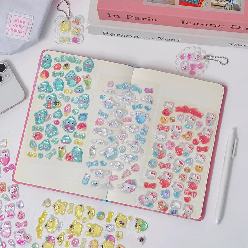 3D Sanrio Hellokitty Kuromi Cinnamoroll Stickers Cute Anime Transparent Jelly Crystal Decorative Sticker Note Phone Case DIY Toy view 4