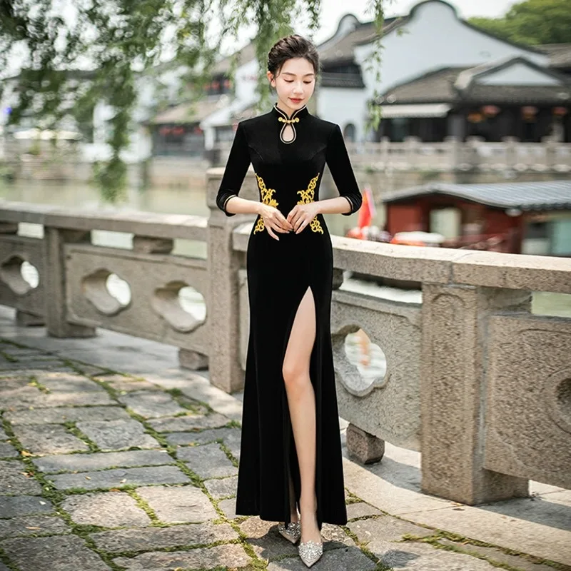 Traditional Chinese Long Qipao Elegant Classic Mandarin Collar Half Sleeve Cheongsam Sexy Mermaid Split Evening Party Dress 5XL