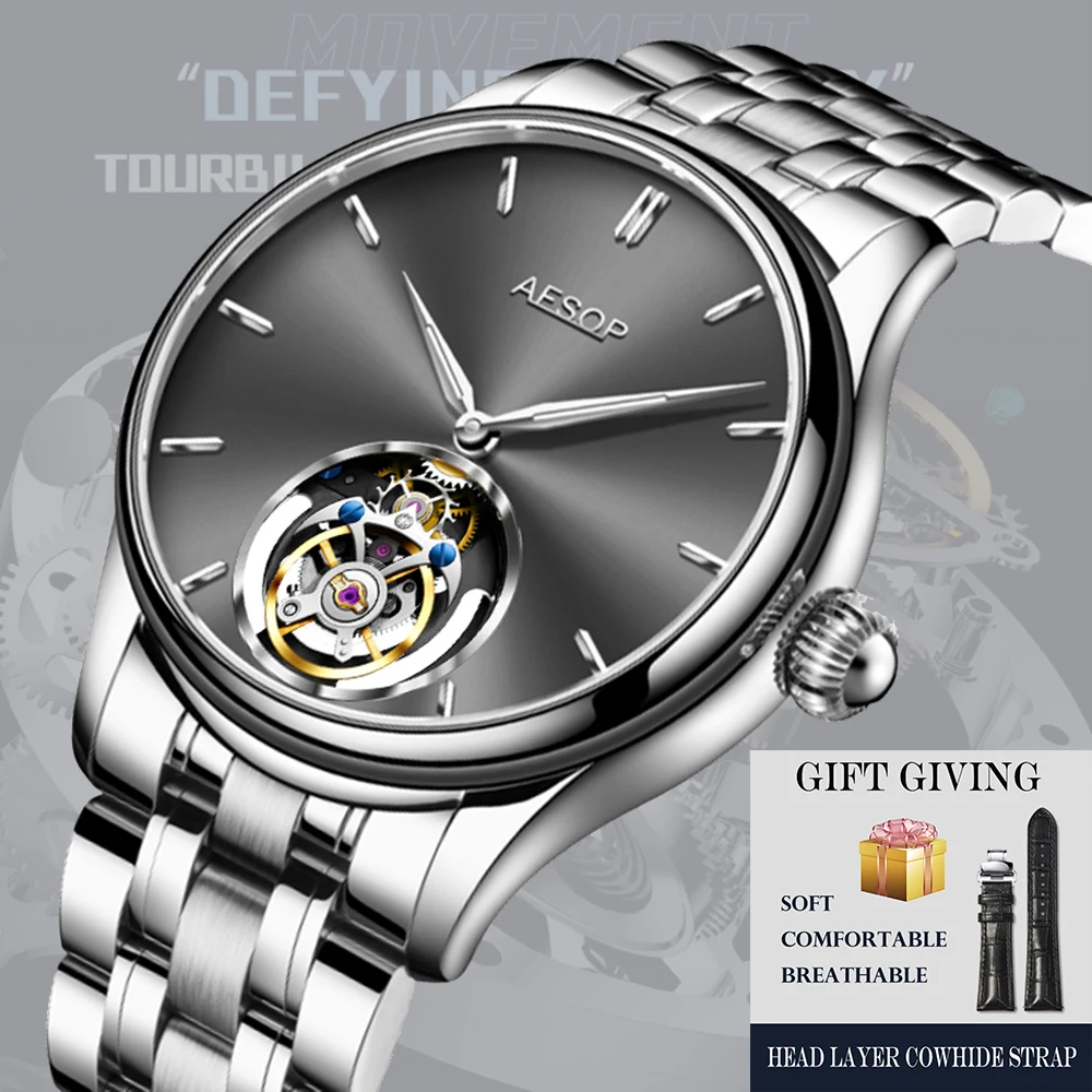 AESOP Flying Tourbillon Orologio meccanico da uomo Zaffiro Impermeabile Manuale Tourbillon Orologio da uomo scheletrato Cinturino in acciaio di lusso A