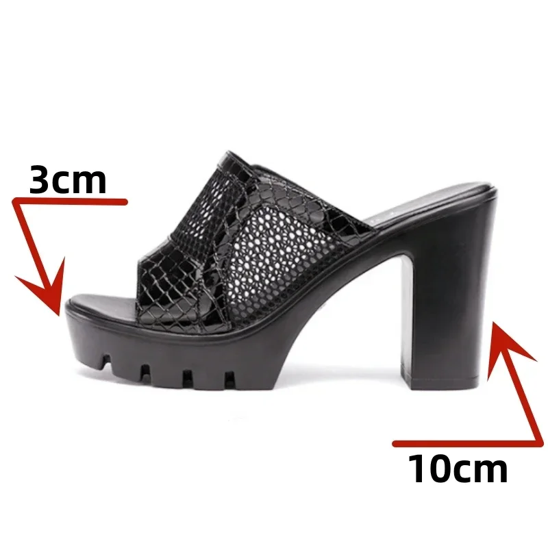 10cm Small Size 32-43 Elegant Breathable Mesh Leather Shoes Summer Slippers Platform 2024 Block High Heels Slides Office Model