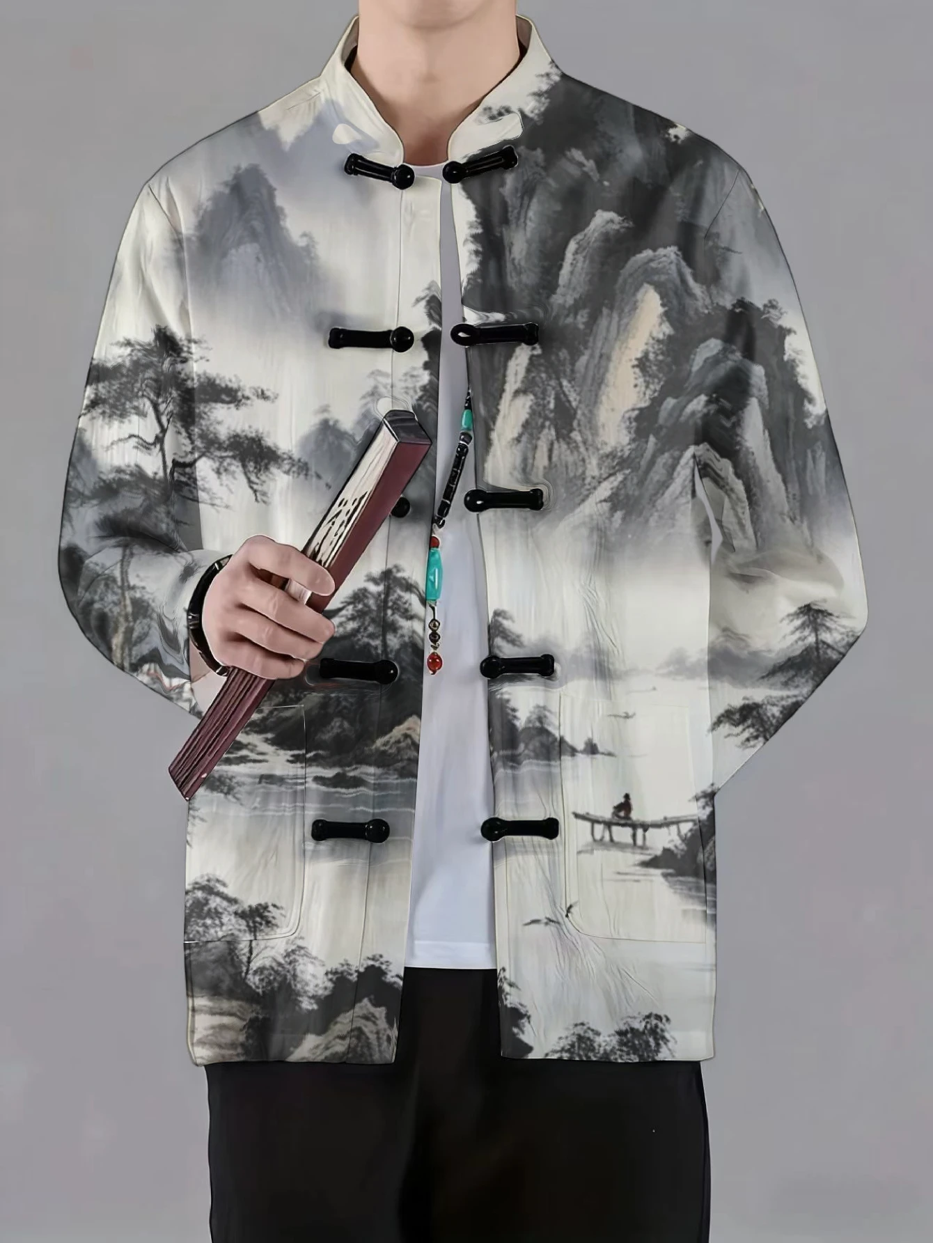 Men Men Mandarin Collar Frog Button Long Sleeve Jacket Ink Floral Leaf Star Print Traditional Coat - Aliexpress Deal