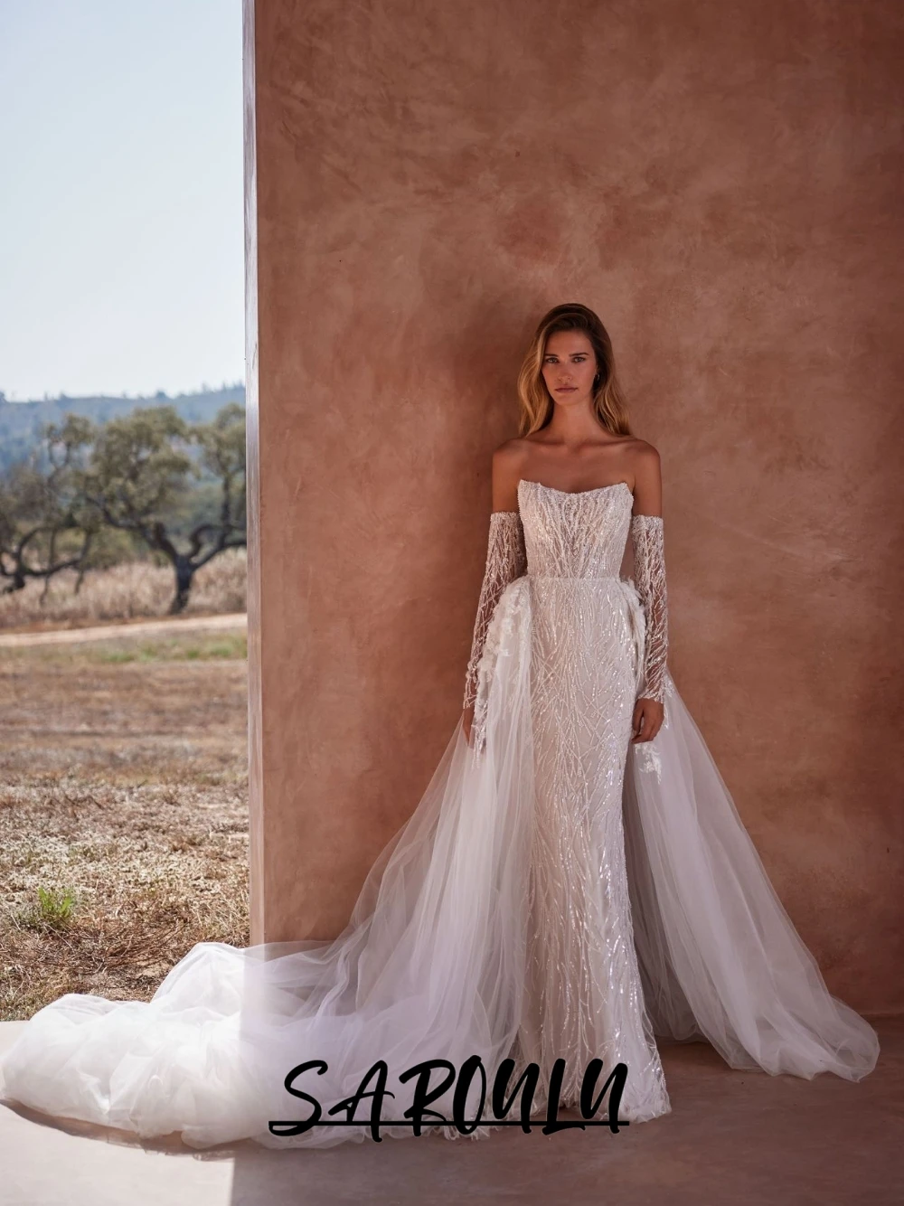 Luxury Pearls Embellished Mermaid Wedding Dress Chic 2 in 1 Sparkly Tulle Bridal Gown Slim Fit Graceful Customized Bride Wear