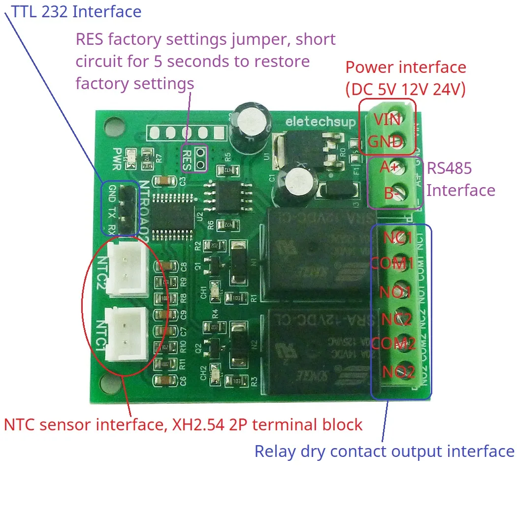 Multifunctional 2 IN 1 NTC Relay Temperature Acquisition Module Analog Digital PLC IO Expanding Board TTL232 RS485 DC 5V 12V 24V