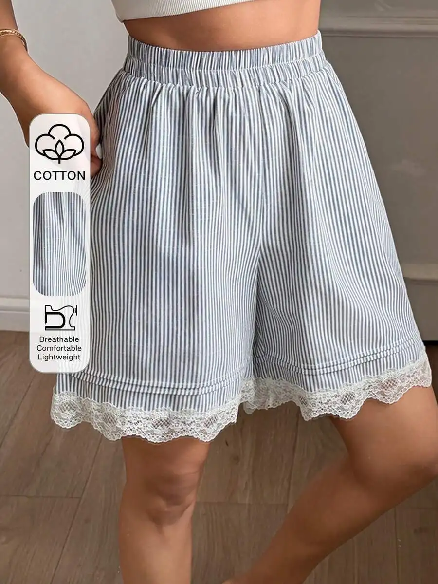 Womens Striped Pleated Lace Trim Pajama Shorts Cotton