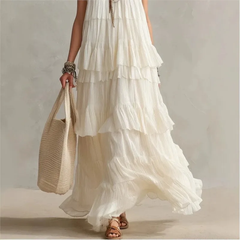 Sleeveless Tiered Ruffle Maxi Dress Round Neck Crinkle Flowy Loose Bohemian Casual Layered Swing Dress for Summer Women