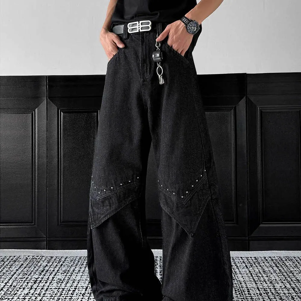 Celana Jeans Pria Model Rivet Lurus Lebar Gaya Retro Amerika Tren Fashion Jalanan Hip-Hop Longgar Kasual Unik Atasan Pria 2025