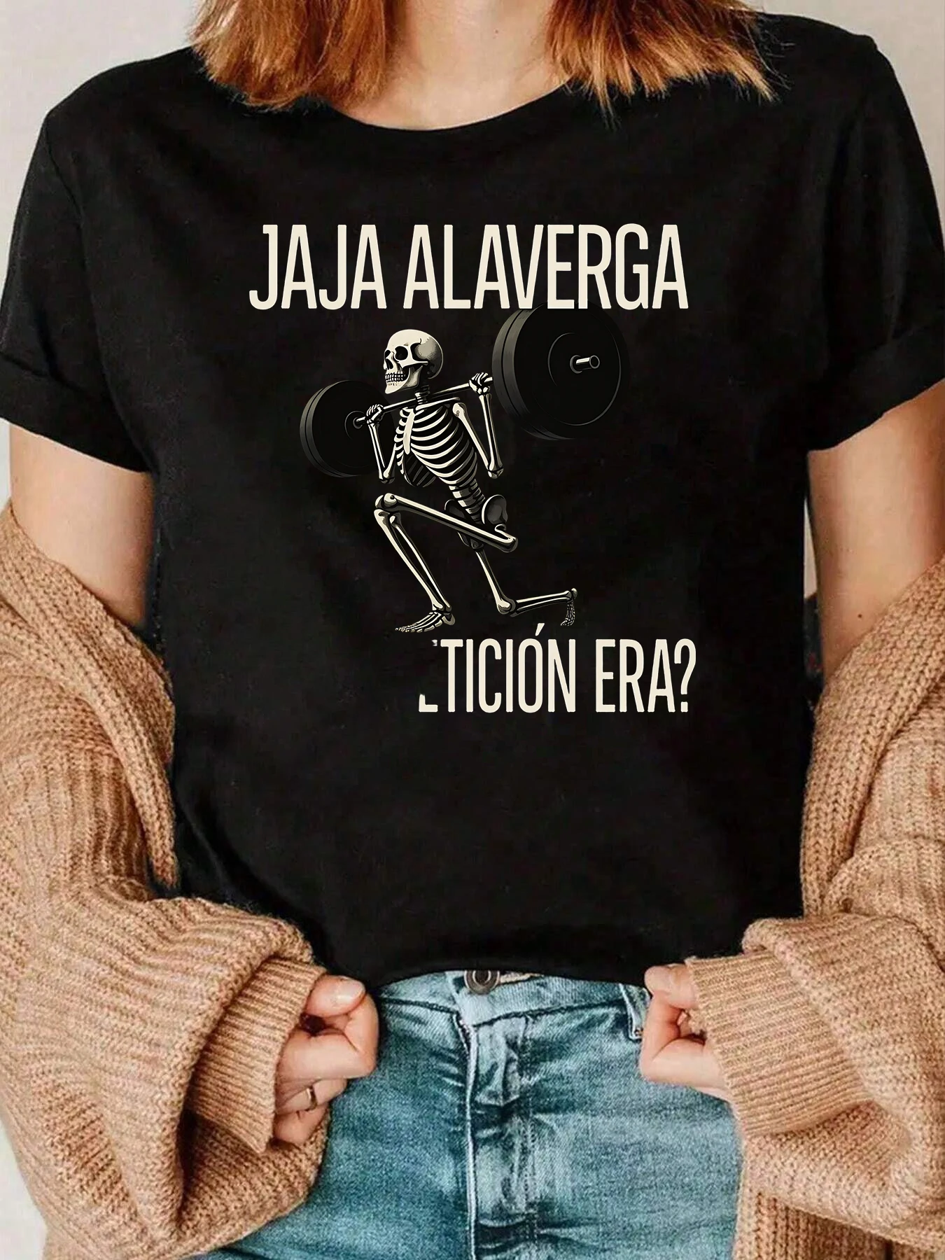 Skelet Lift Gewicht Jaja Alaverga Vraag Print T-shirt Halloween Vrijetijdskleding Dames 220g