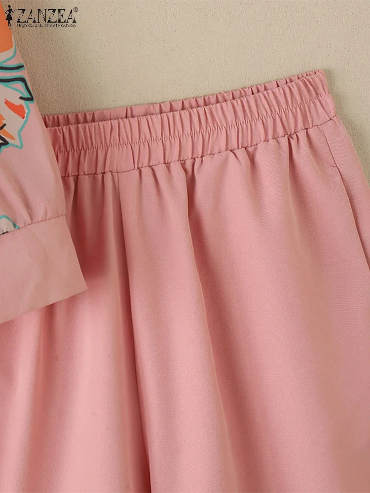 ZANZEA Summer Casual Holiday 2 Pieces Short Sets Women Floral Print Long Sleeve Shirts & Elastic Waist Shorts 2pcs Suits Outfits