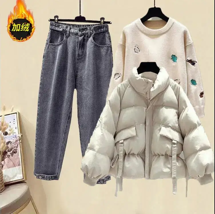 

2022 Winter Women Warm Tracketsuit Fashion Casual Pant Suit quilted Jacket +Embroidery Sweater Top And Jean Three Pieces Sets