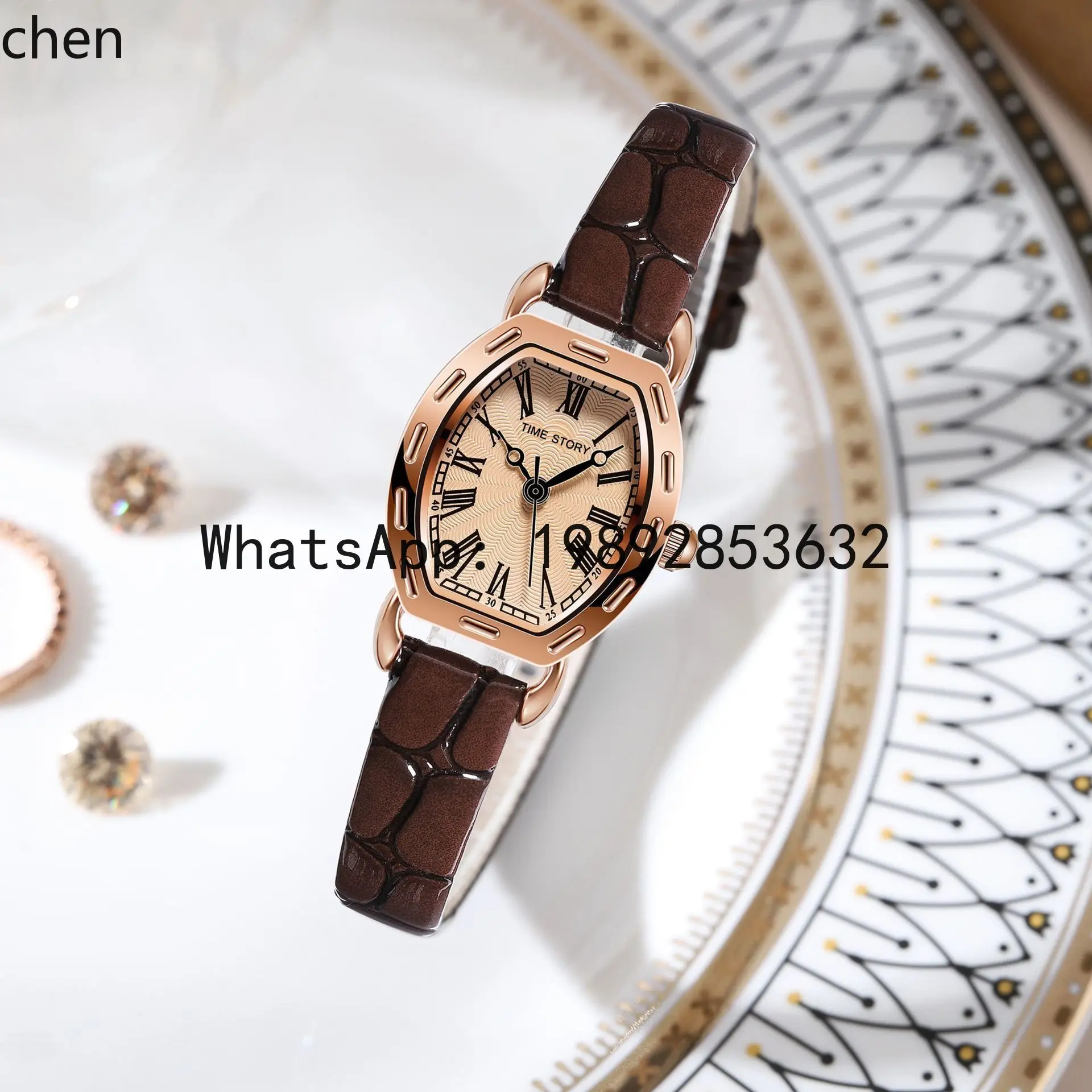 

ZZ women's watch with leather strap, elegant small square dial, quartz movement ladies' watch